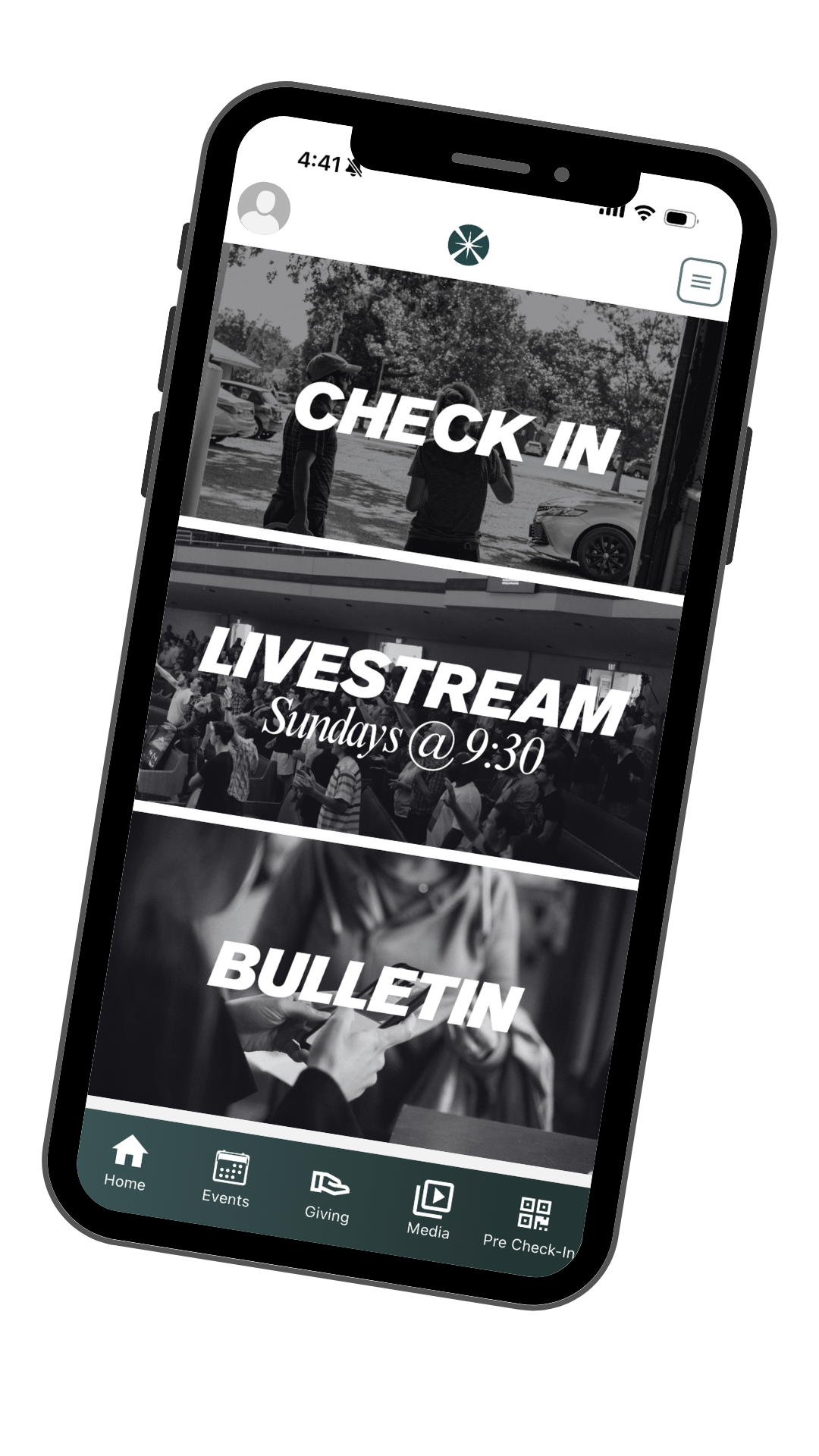 A smartphone screen displaying a church app with a black-and-white theme. The interface has sections for 'Check In,' 'Livestream Sundays @ 9:30,' and 'Bulletin.' The bottom menu includes icons for Home, Events, Giving, Media, and Pre Check-In.