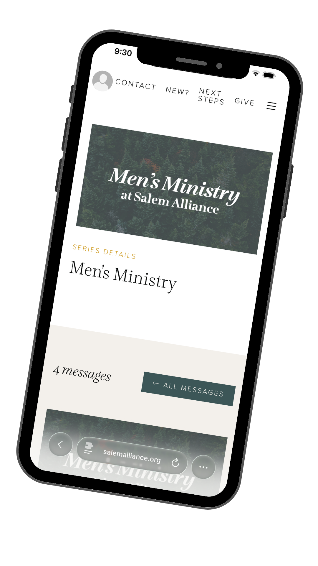 Mobile phone screen displaying a church website page titled 'Men's Ministry at Salem Alliance,' with a forest background image and navigation links at the top.