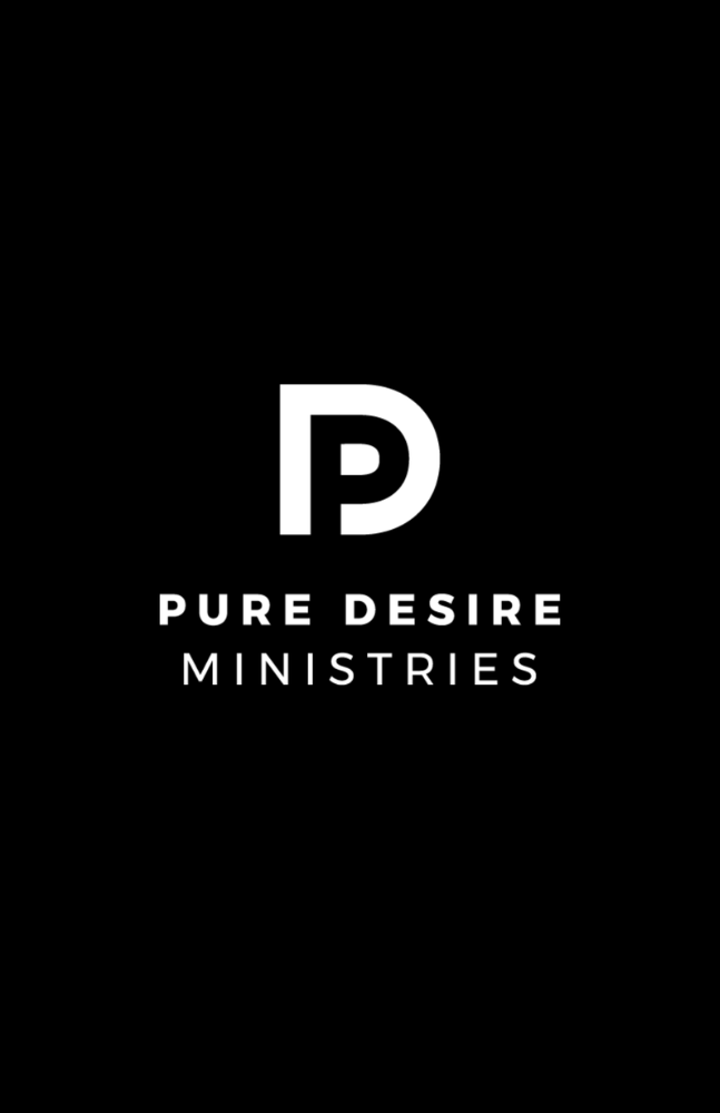 Black background with a white circular logo containing a large letter 'P', and the text 'Pure Desire Ministries' below in white.