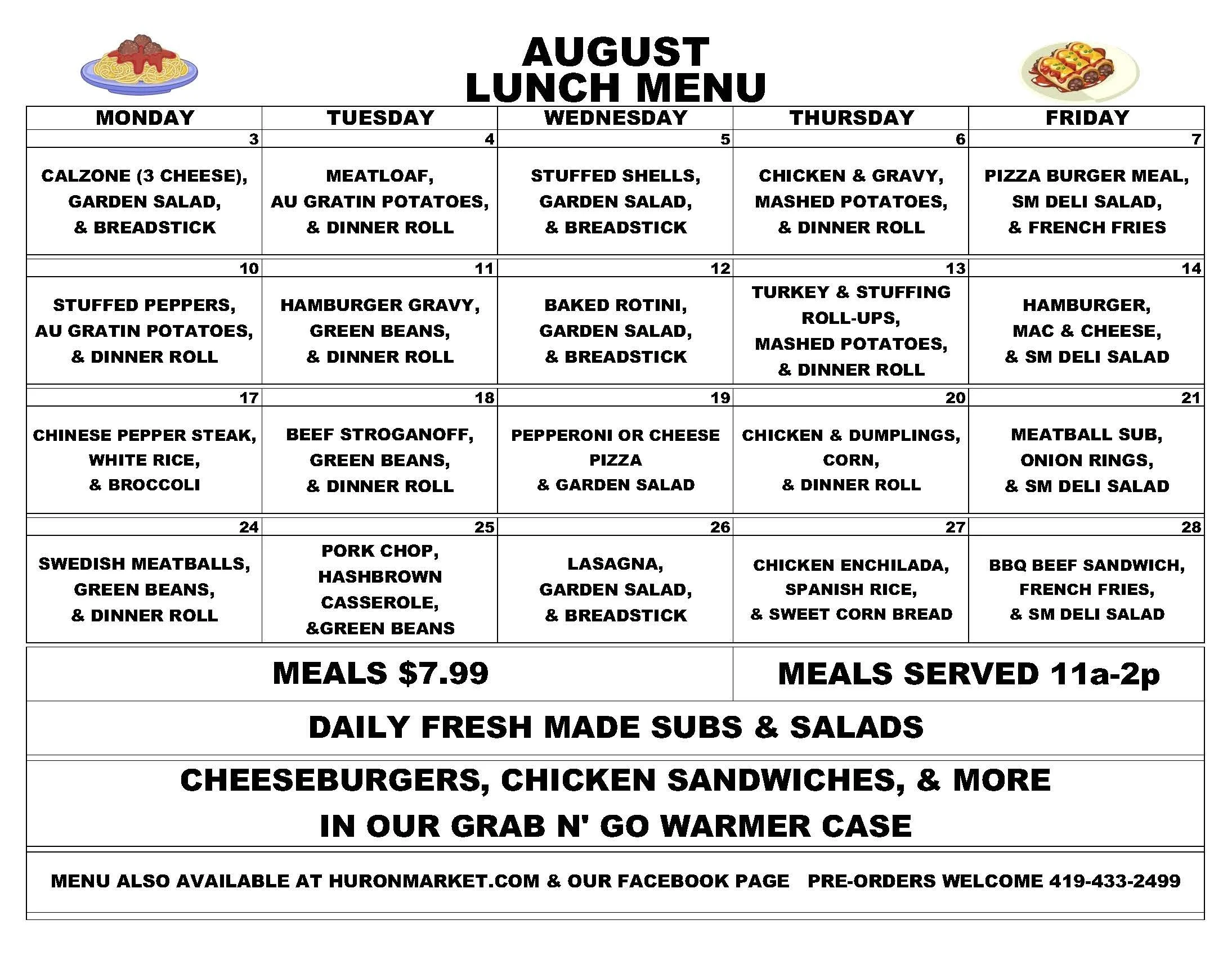 August lunch menu at Huron Market in Huron, Ohio featuring daily homemade lunch specials served Monday through Friday from 11 AM to 2 PM for $7.99.
