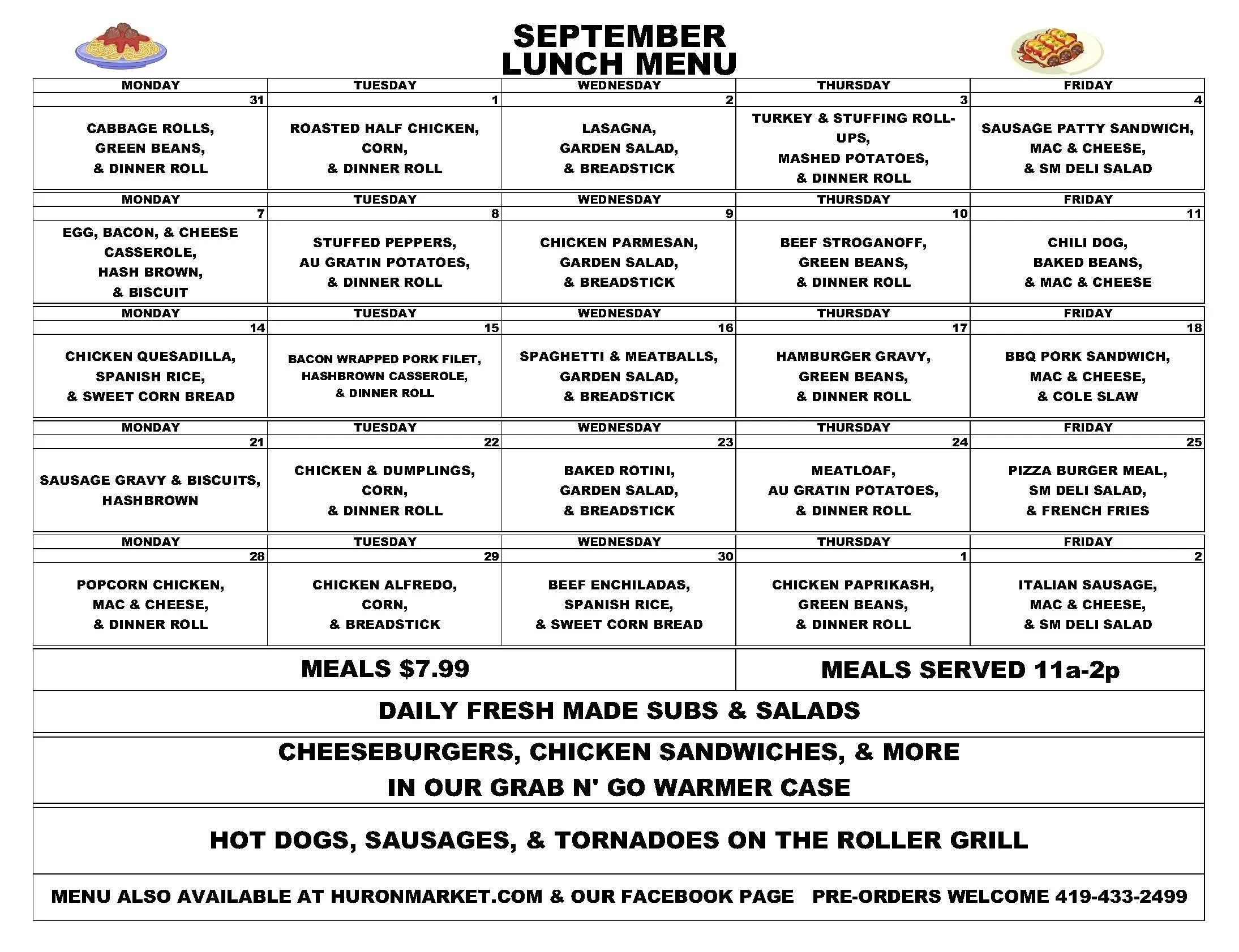 Huron Market September 2026 lunch menu featuring weekday hot meals in Huron, Ohio