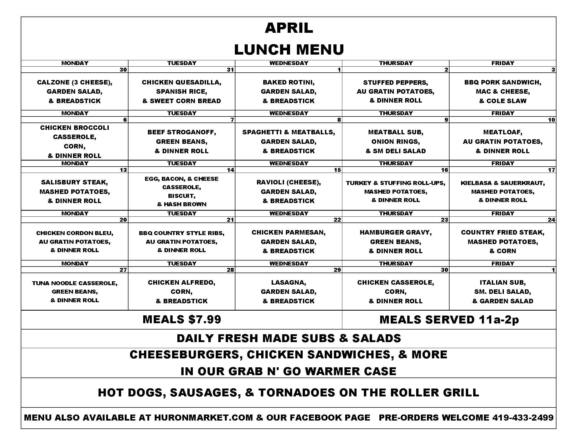 April Lunch Menu