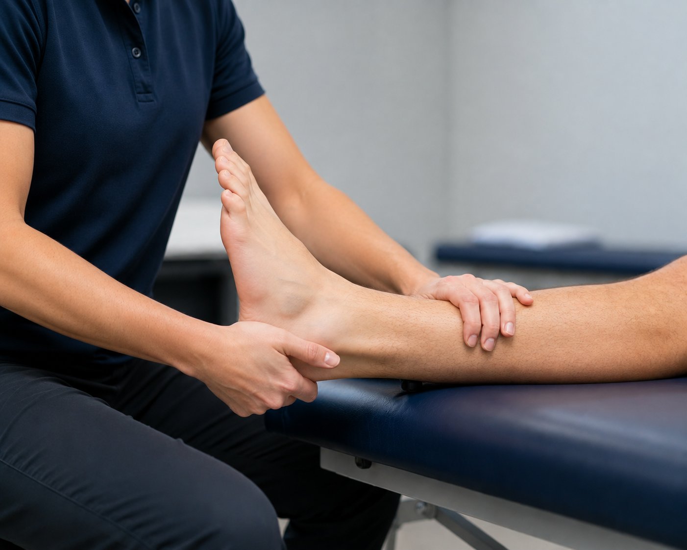 A physical therapist examining a patient's leg and foot on a therapy table.