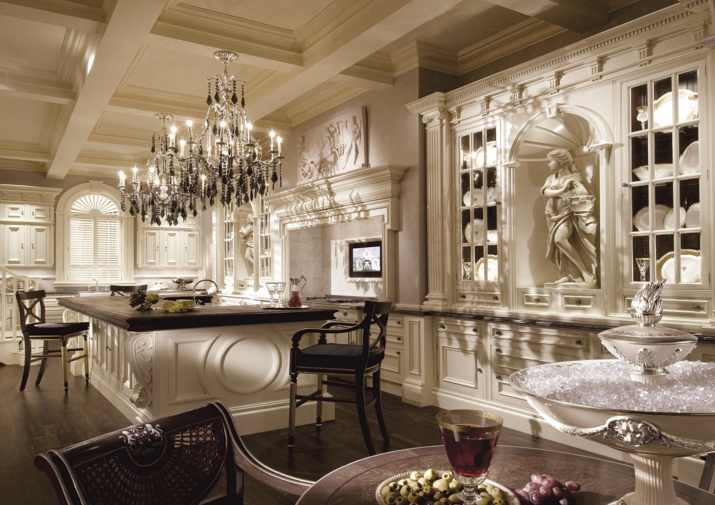 Clive Christian Architectural kitchen with coffered ceiling, Wenge countertop, and crystal chandeliers.