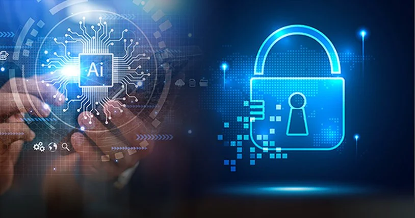 A digital illustration of artificial intelligence (AI) with a focus on cybersecurity, featuring a glowing padlock symbol and a person touching a smartphone screen with AI graphics.