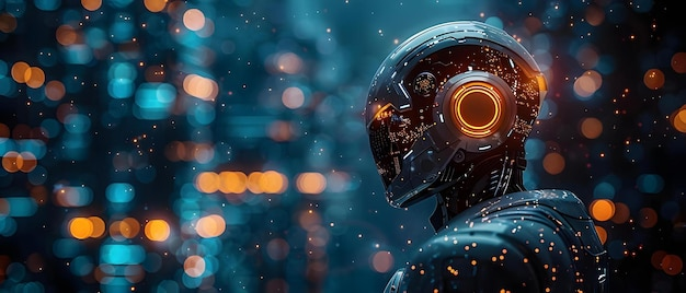 A futuristic robot with a glowing orange eye, set against a background of blurred city lights.