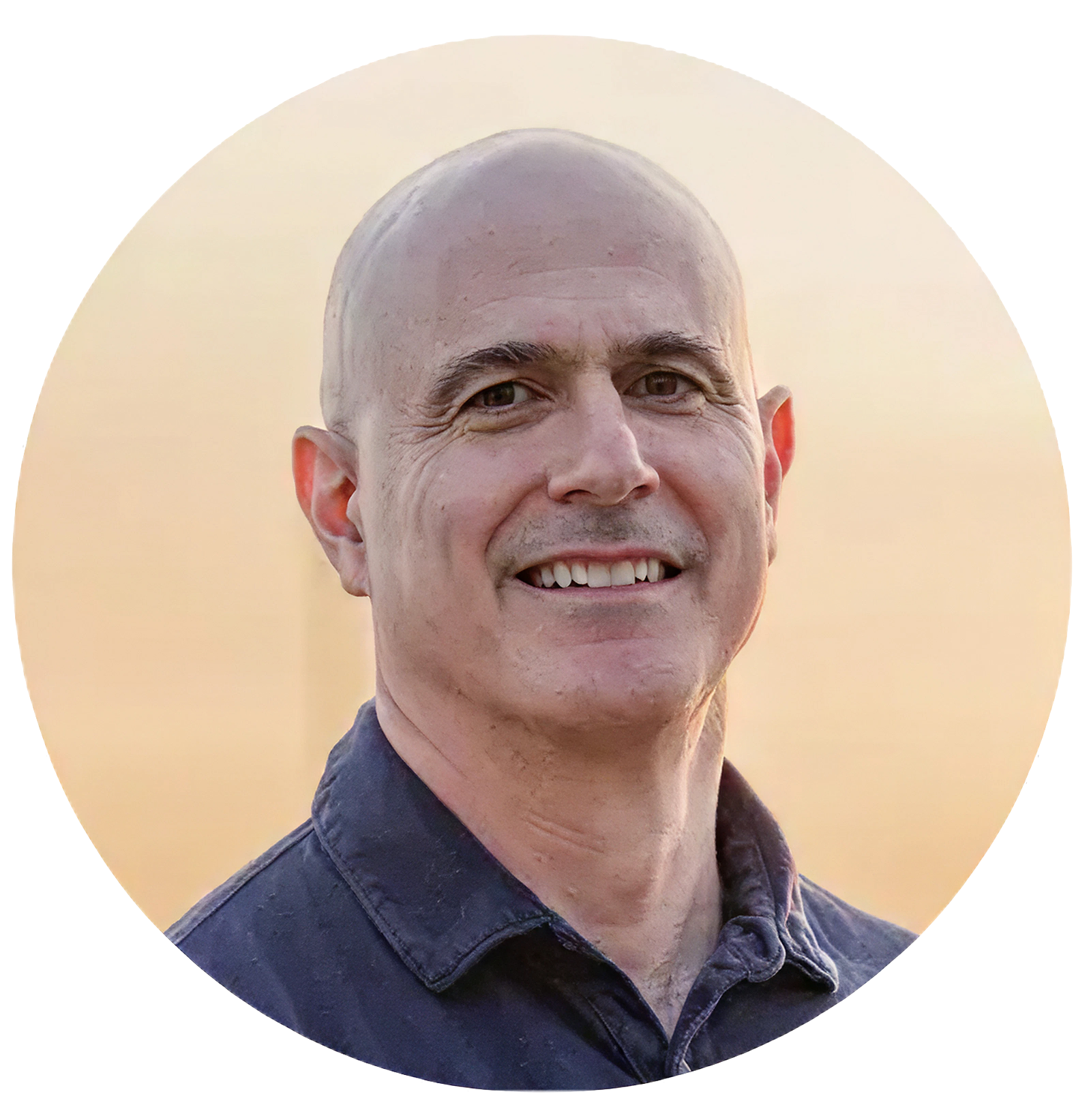 Close-up of a smiling bald man wearing a dark collared shirt, outdoors during sunset.