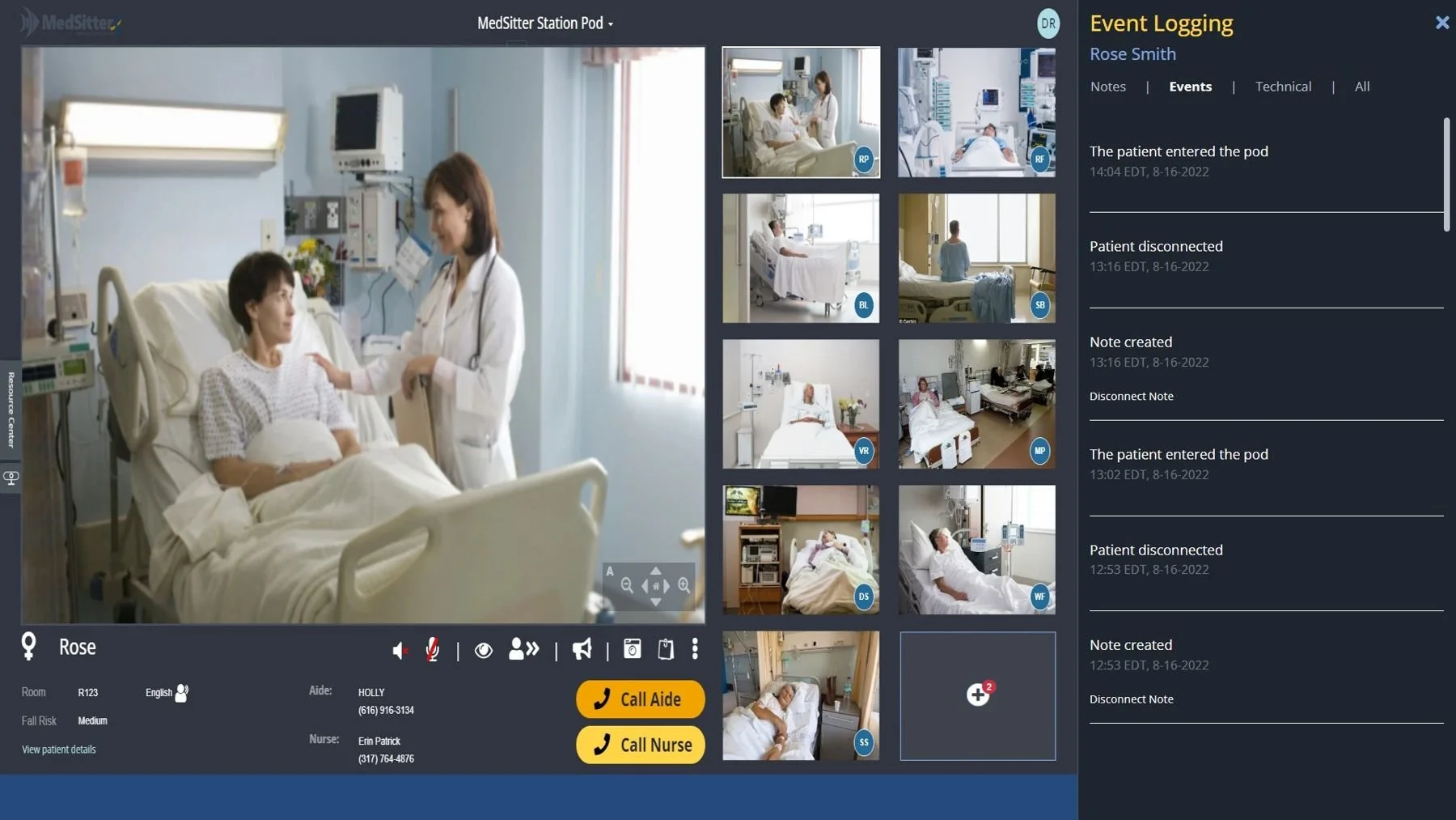 The earlier MedSitter pod: one large video on the left, two columns of small video thumbnails, and an event log panel open on the right.