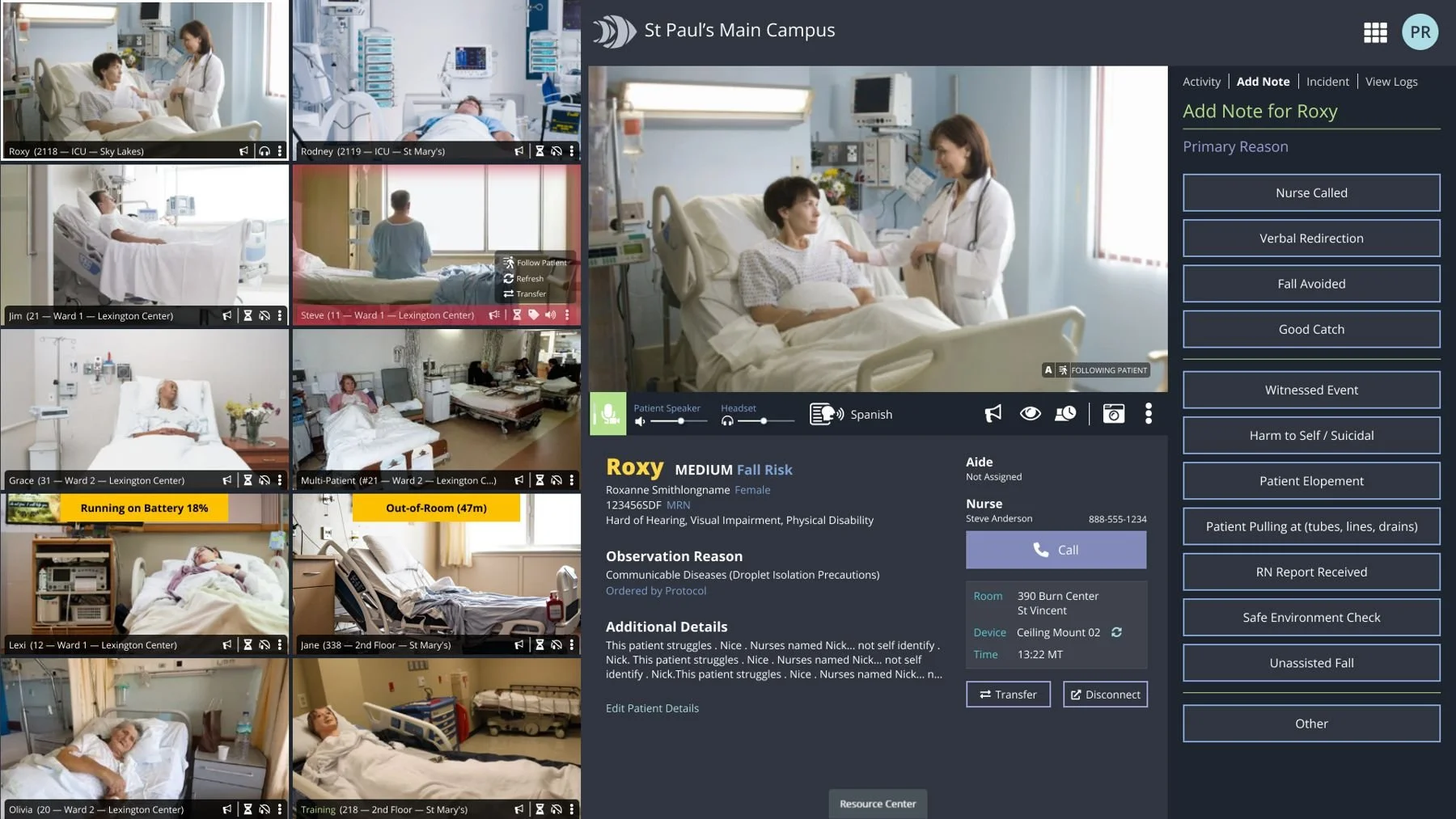The redesigned observation pod: a grid of patient video tiles on the left, one patient enlarged in the center with her details and call buttons, and a column of one-tap note buttons on the right.