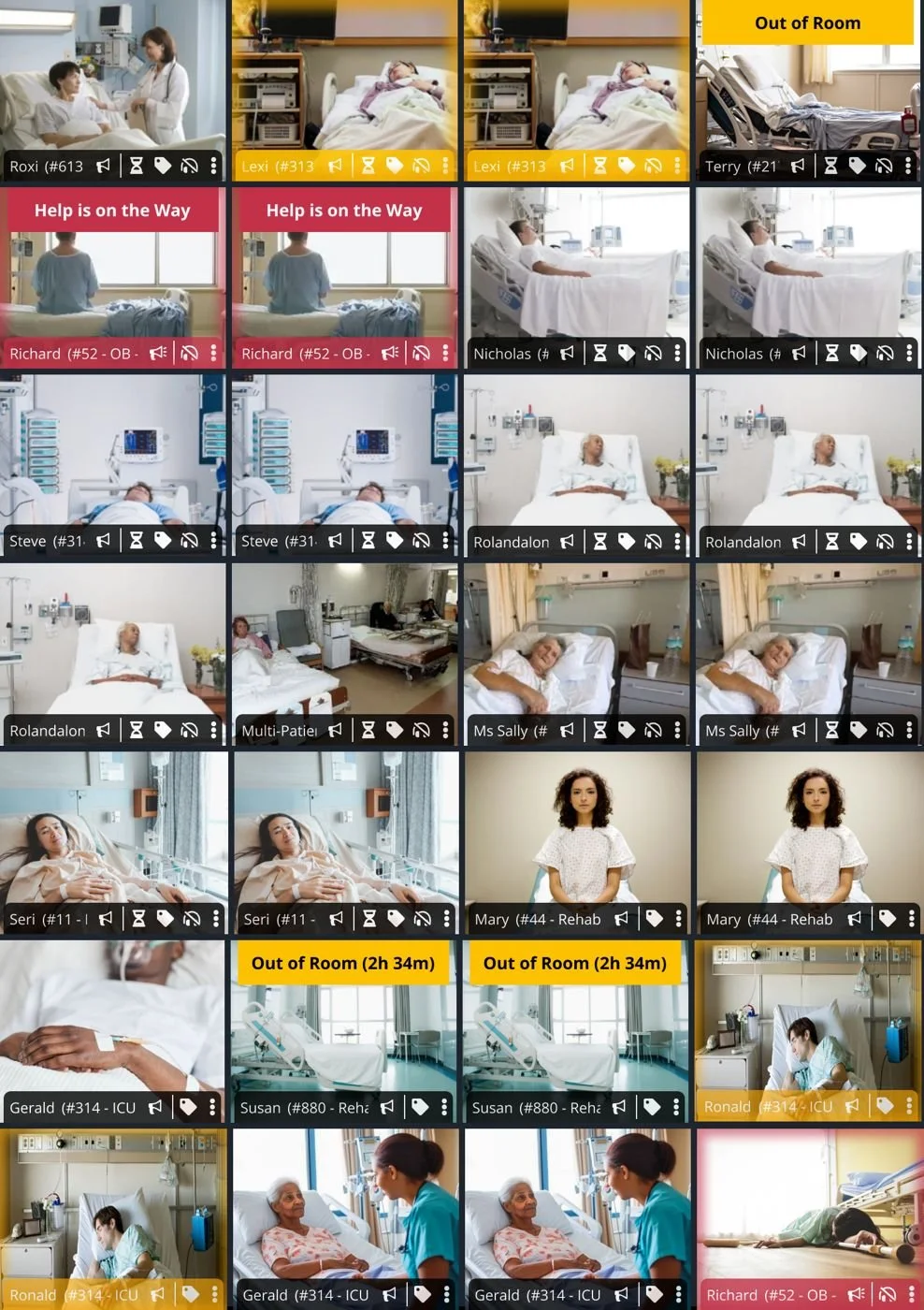 A grid of sixteen patient tiles, several with amber Out of Room banners, two with red Help is on the Way banners, and one red-glowing tile showing a patient on the floor.