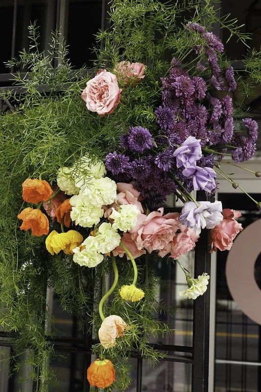 Colorful flowers including pink, purple, orange, yellow, and cream blooms with green foliage on a black metal structure.
