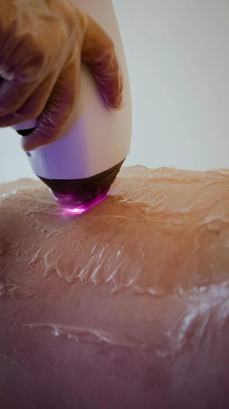 Close-up of a medical or cosmetic laser device being used on skin, with the device emitting a purple light.