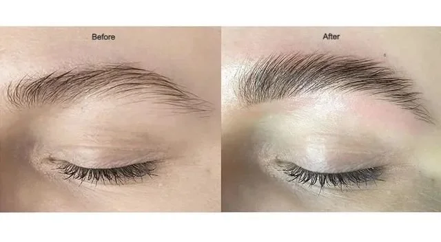 A side-by-side comparison of a person's eyebrow and eyelash grooming, showing a before and after of eyebrow filling or shaping, with the after image displaying fuller and more defined eyebrows.