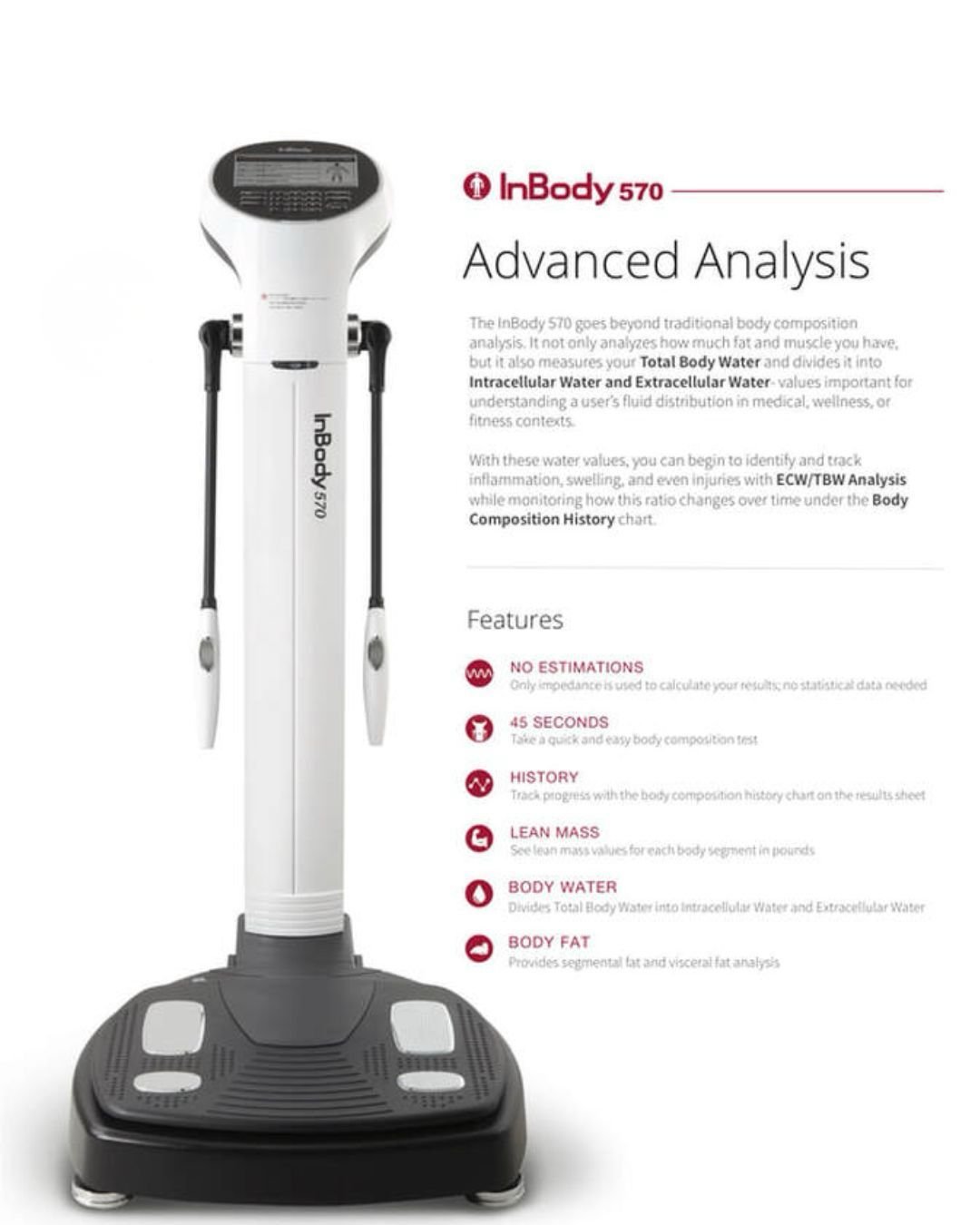 Image of the InBody 570 machine used for advanced body composition analysis with features listed.