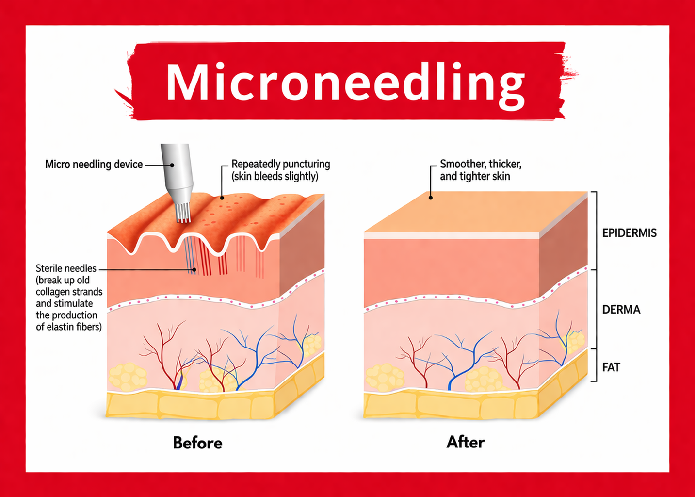 Illustration showing the process of microneedling on skin. The left side labeled 'Before' depicts skin with multiple punctures from a micro-needling device, breaking up old collagen and stimulating elastin production. The right side labeled 'After' shows smoother, thicker, and tighter skin. The skin layers are labeled as epidermis, dermis, and fat.