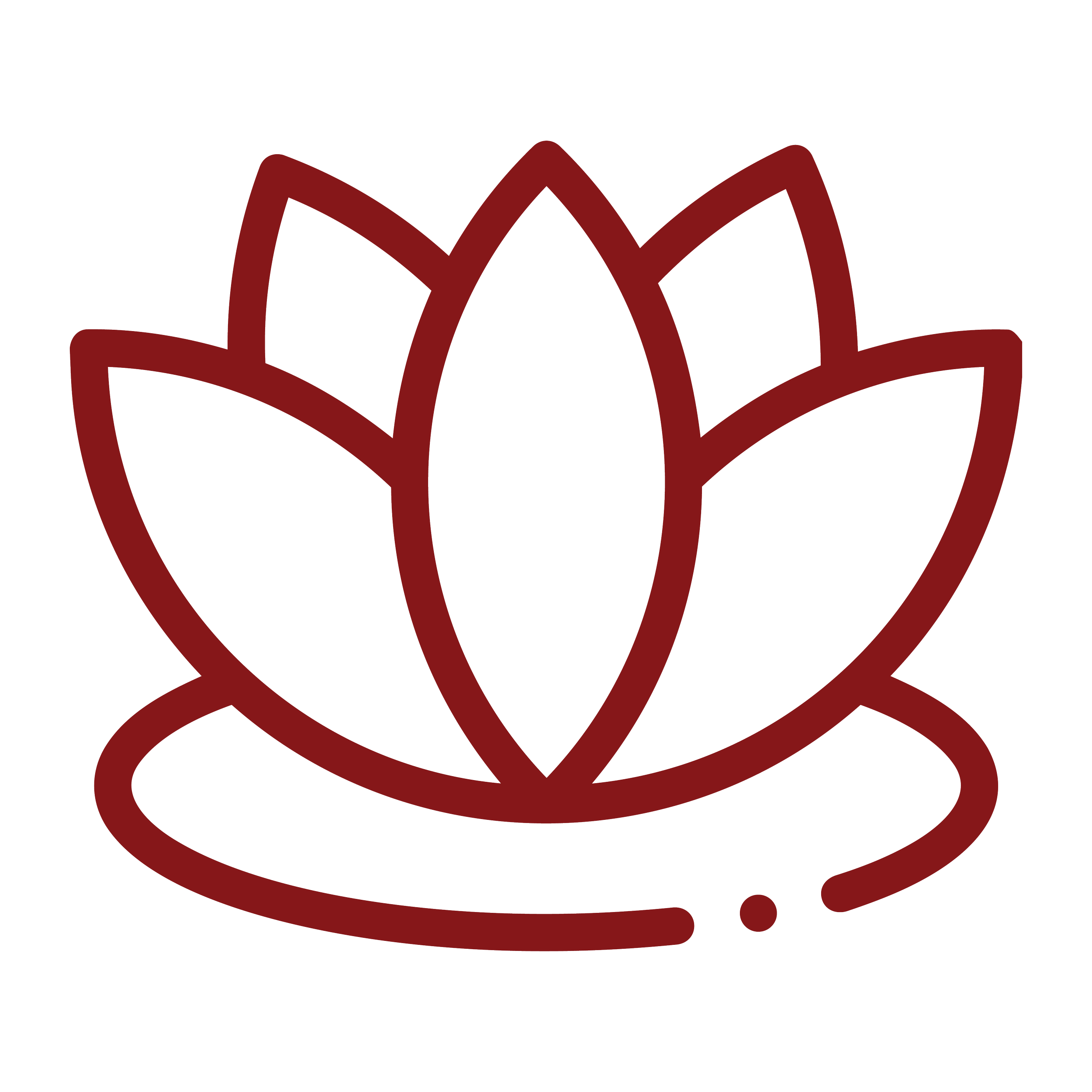 Stylized red outline of a lotus flower on a black background.