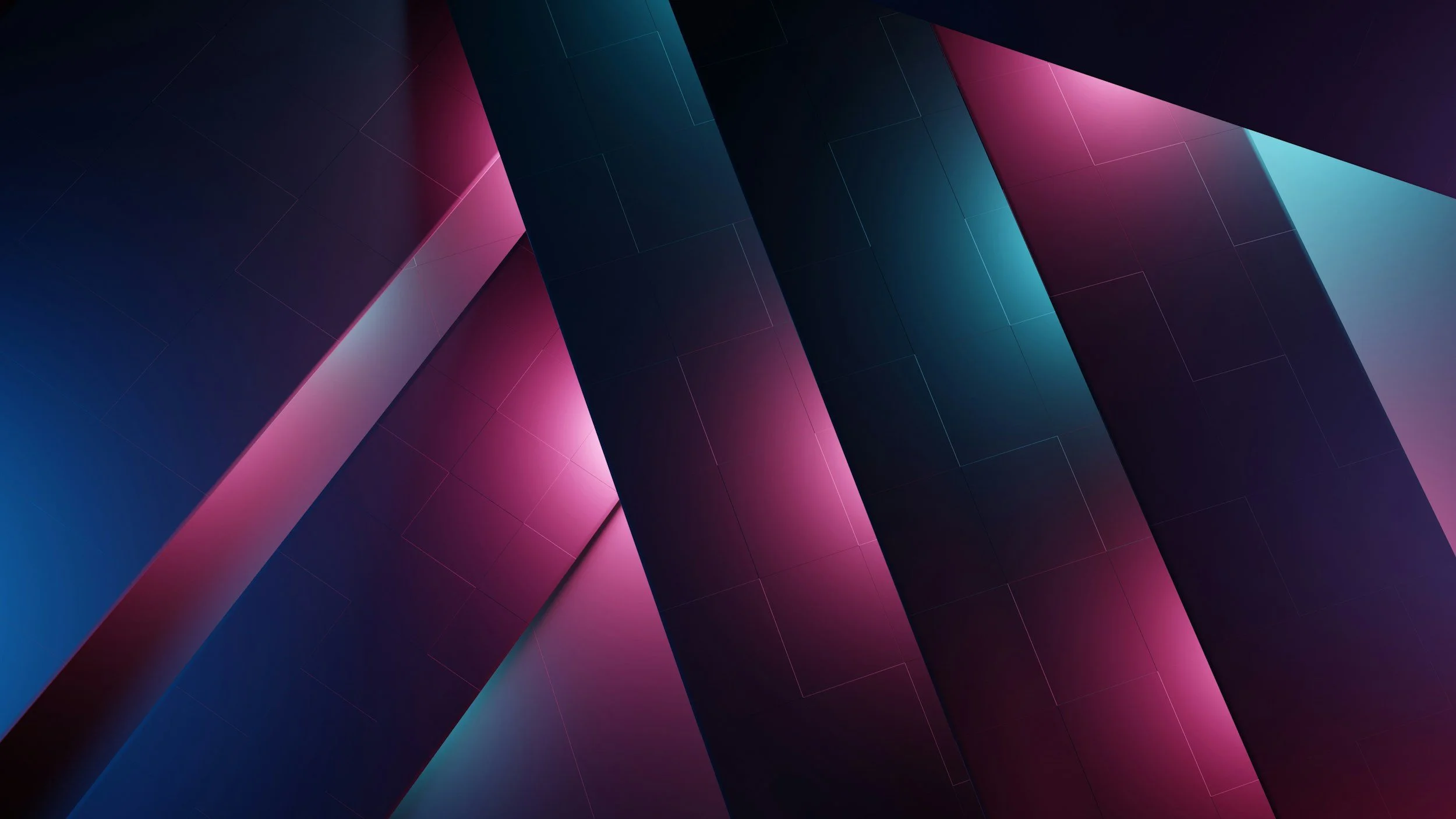Abstract digital art with diagonal bands of dark blue, pink, black, and teal colors, and subtle grid lines.