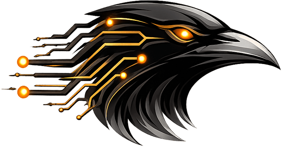 A digital illustration of a futuristic robotic eagle with a sleek black head, glowing orange eyes, and circuit-like patterns with orange lights on the side of its head.