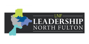 Logo for LNF Leadership North Fulton with a map outline in blue, green, and gray, and text on a black background.