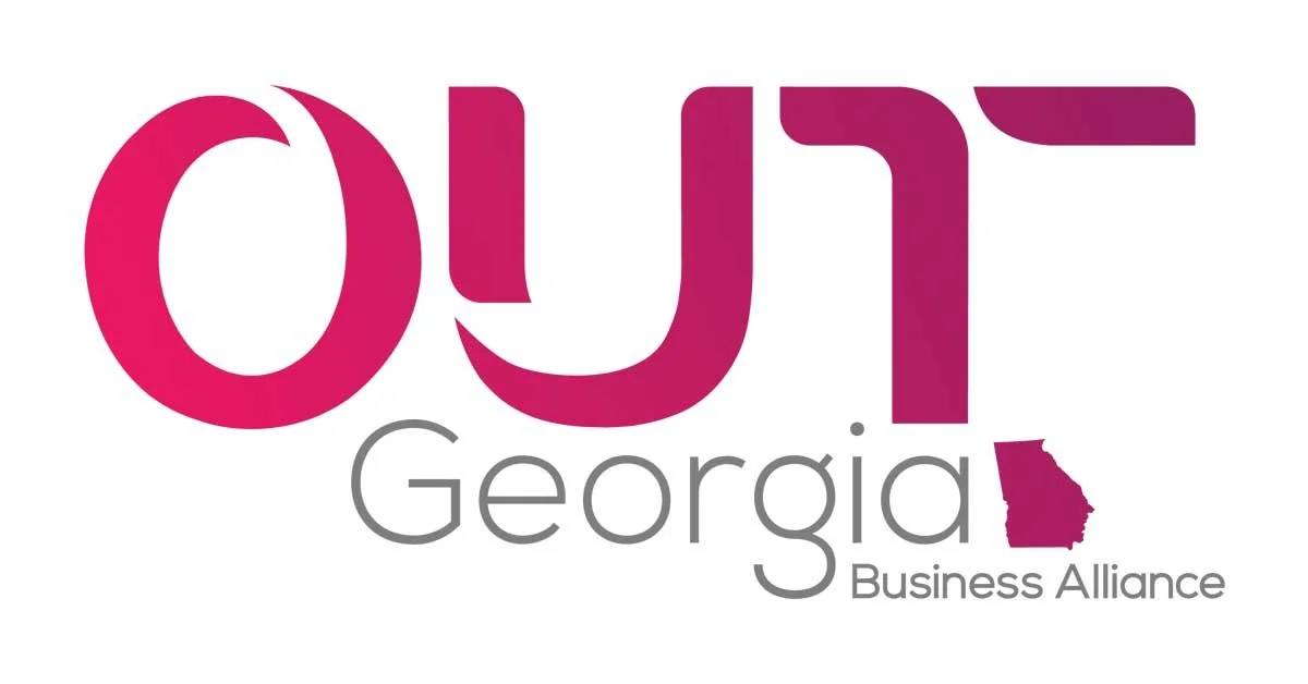 Logo for the Georgia Business Alliance with the outline of the state of Georgia in pink and the text "OUt Georgia" with "Georgia" in gray and the outline of Georgia in pink.