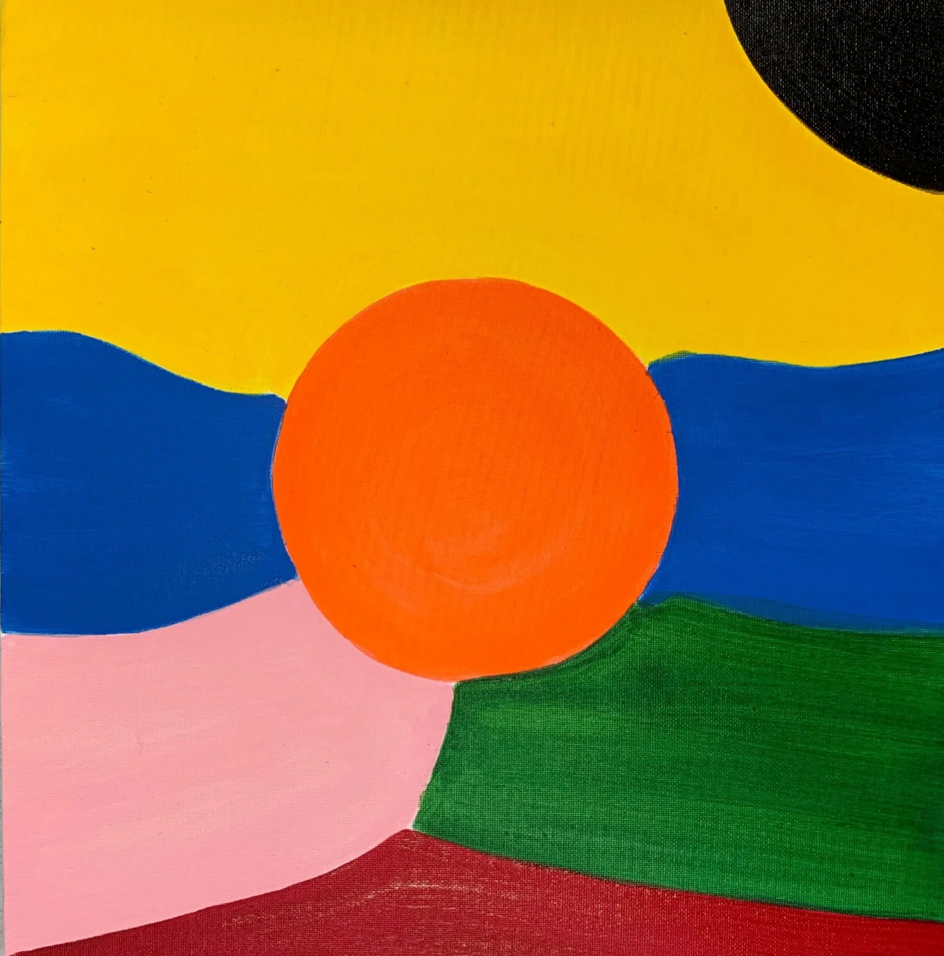 Un tableau abstrait avec des formes géométriques colorées, notamment un cercle orange au centre, un fond jaune en haut, une zone bleue, verte, rose et rouge en bas.