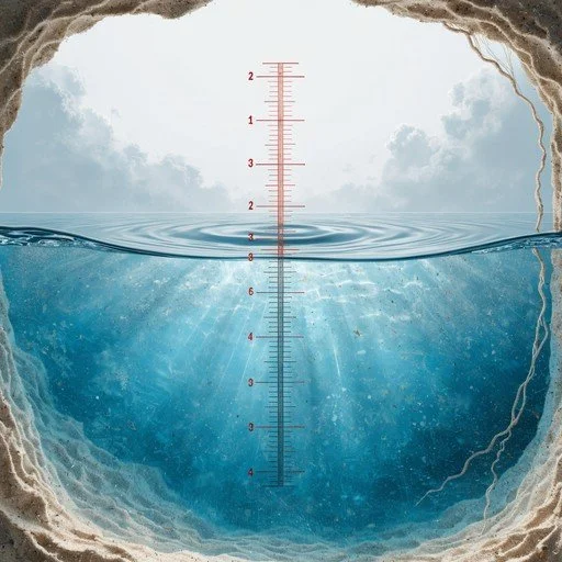 A view of the water surface from a hole in the ground, with a thermometer submerged in the water, showing temperature measurement.