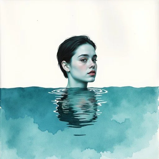 A woman with short dark hair appears to be emerging from water up to her shoulders, with a calm expression on her face, and a plain, light-colored background, water priestess.