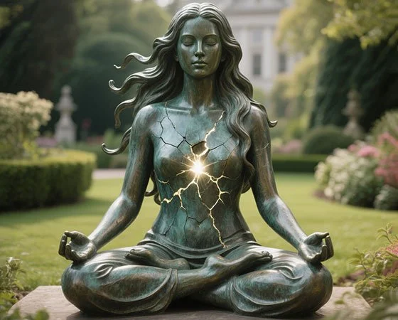 Bronze statue of a woman meditating in a garden, with cracks and a glowing light on her chest.