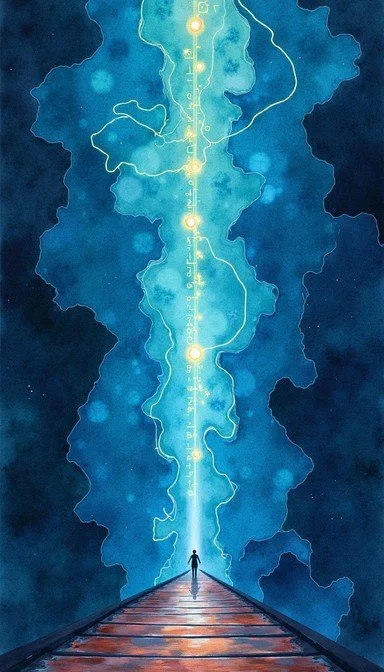 A person standing on a wooden pier looking at a glowing vertical line of lights and symbols, surrounded by a blue abstract sky with clouds and lightning patterns.