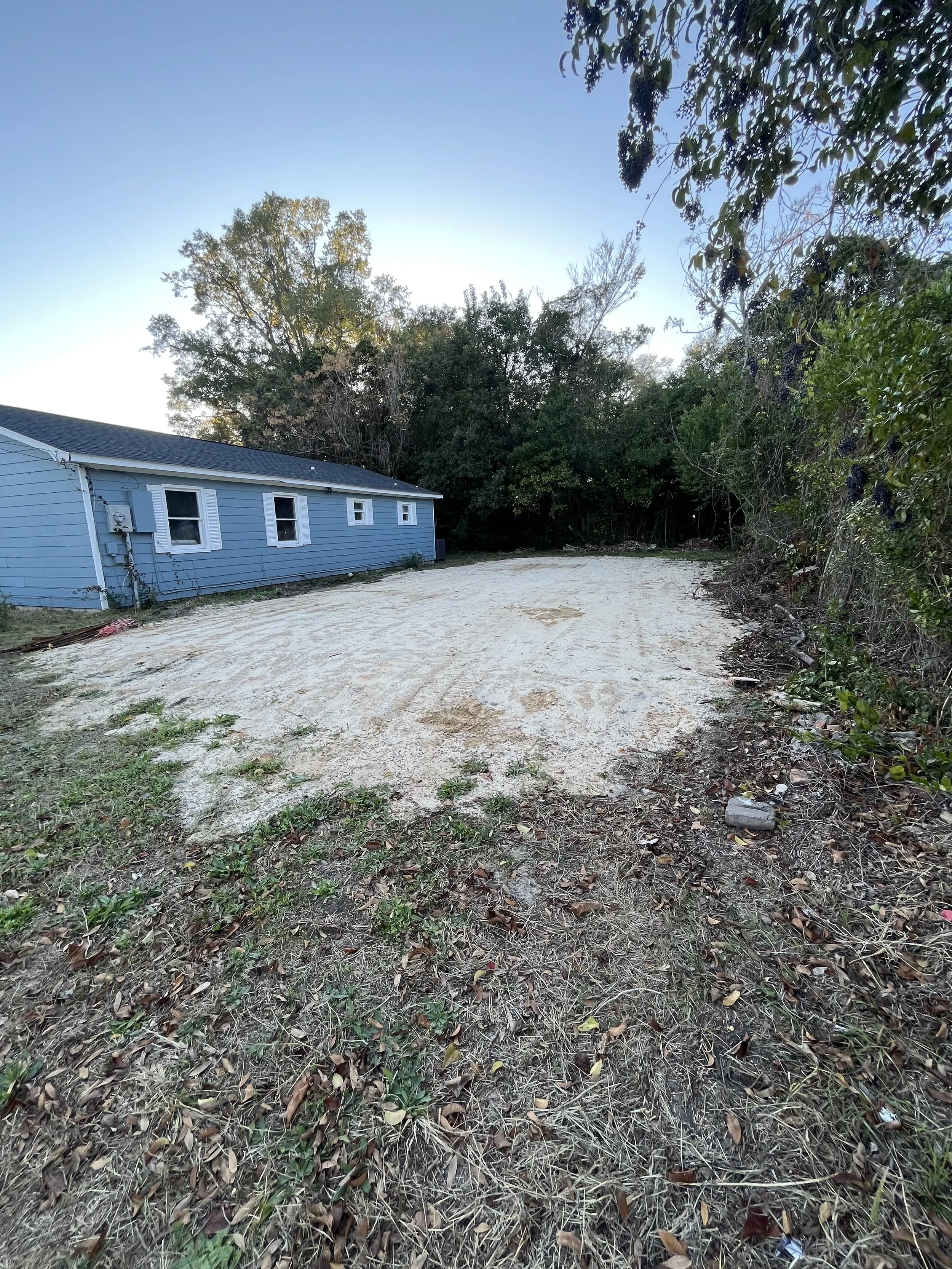 Empty dirt lot next to a blue house with trees and bushes surrounding it.