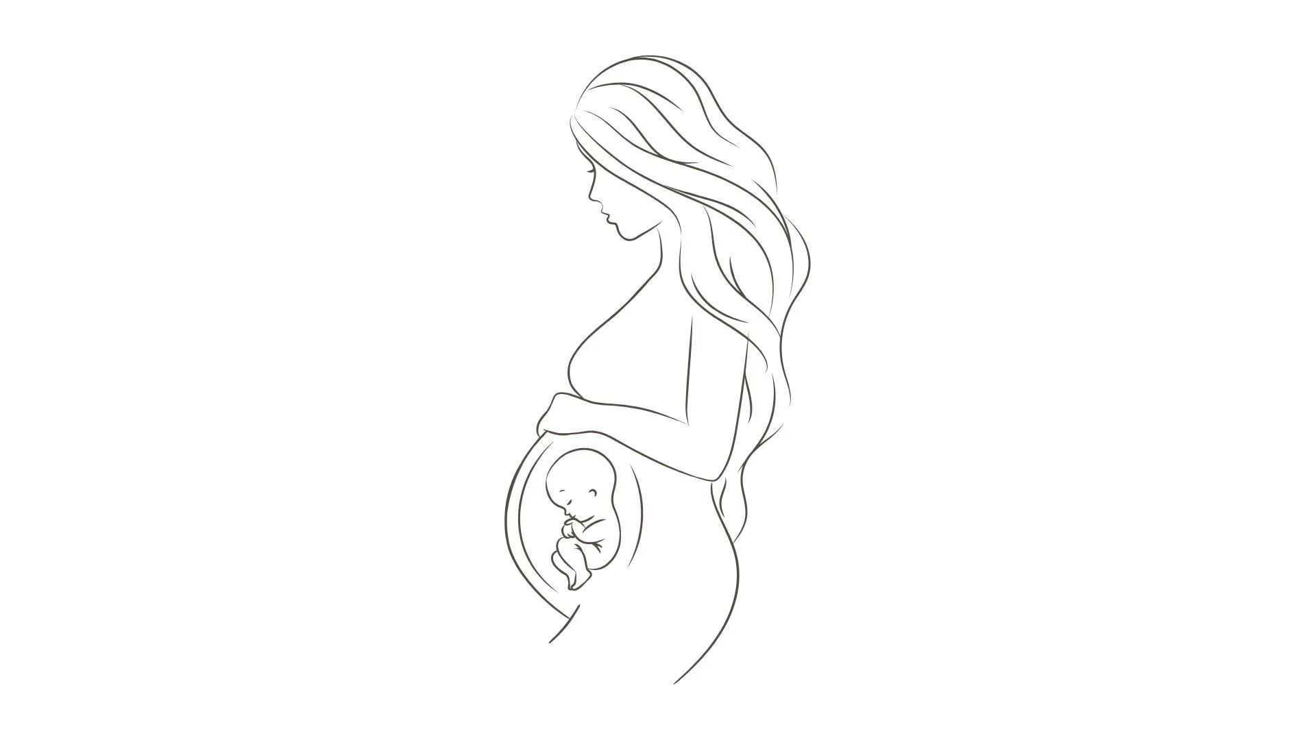 Line drawing of a pregnant woman with long hair, with a fetus visible inside her belly.