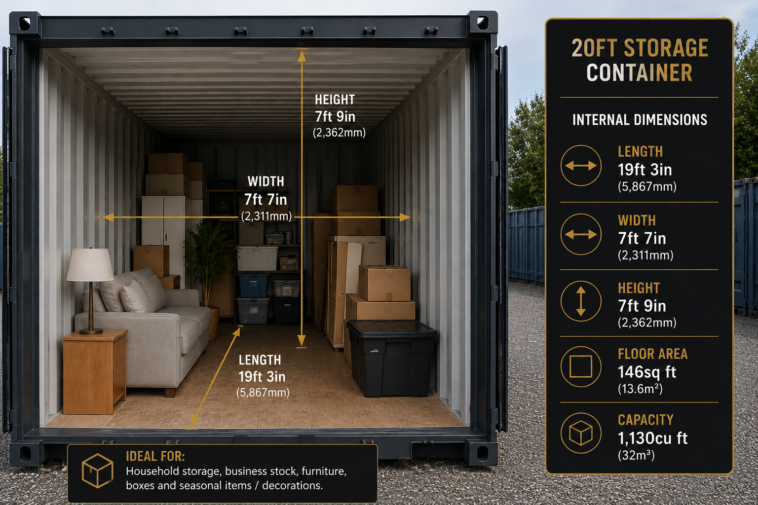 Internal dimensions of a storage container