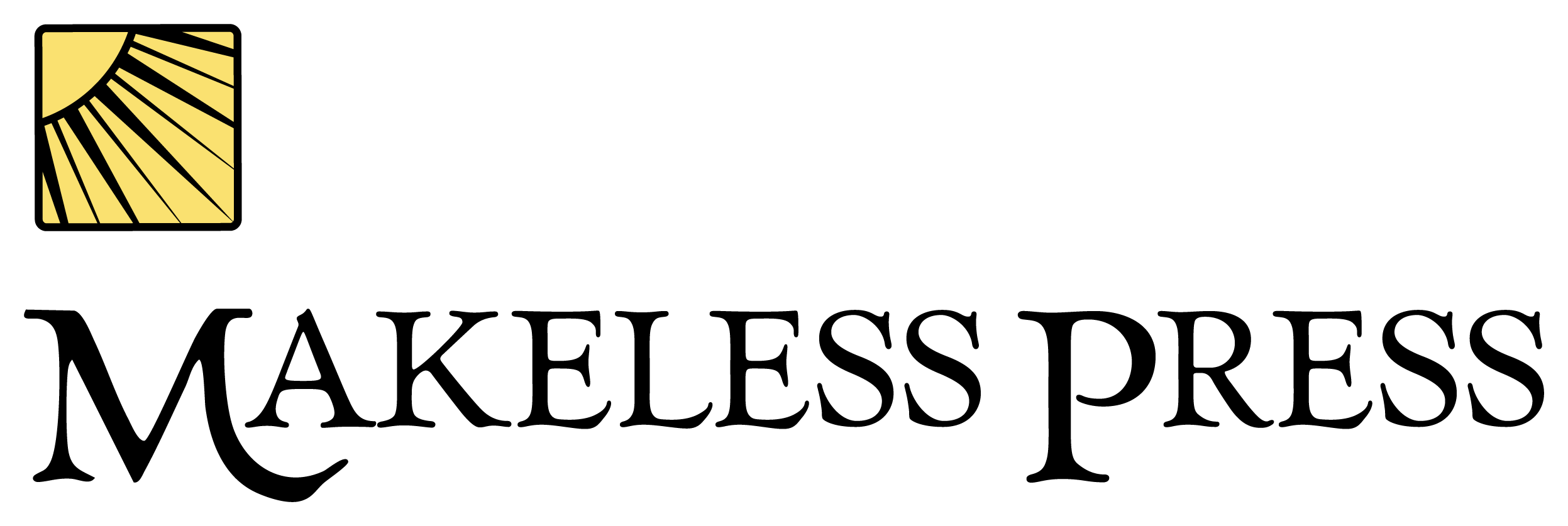 Stylized sun emblem with black lines radiating outward on a gold background, paired with black text that reads 'Makeless Press'.