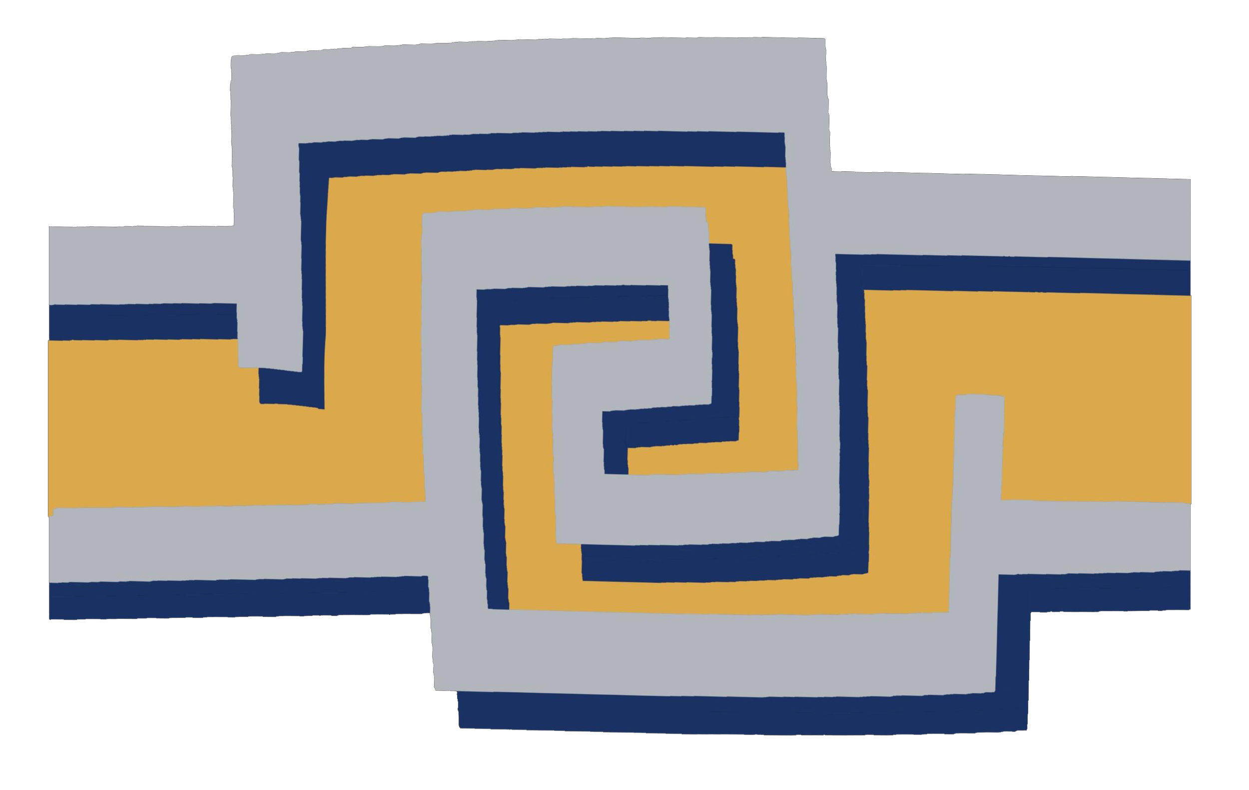 Abstract geometric design with spirals in gray, navy, yellow, and dark blue colors.