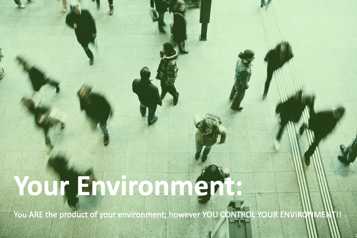 Overhead view of people walking in a public space, with the text 'Your Environment: You ARE the product of your environment; however YOU CONTROL YOUR ENVIRONMENT!!' overlaid