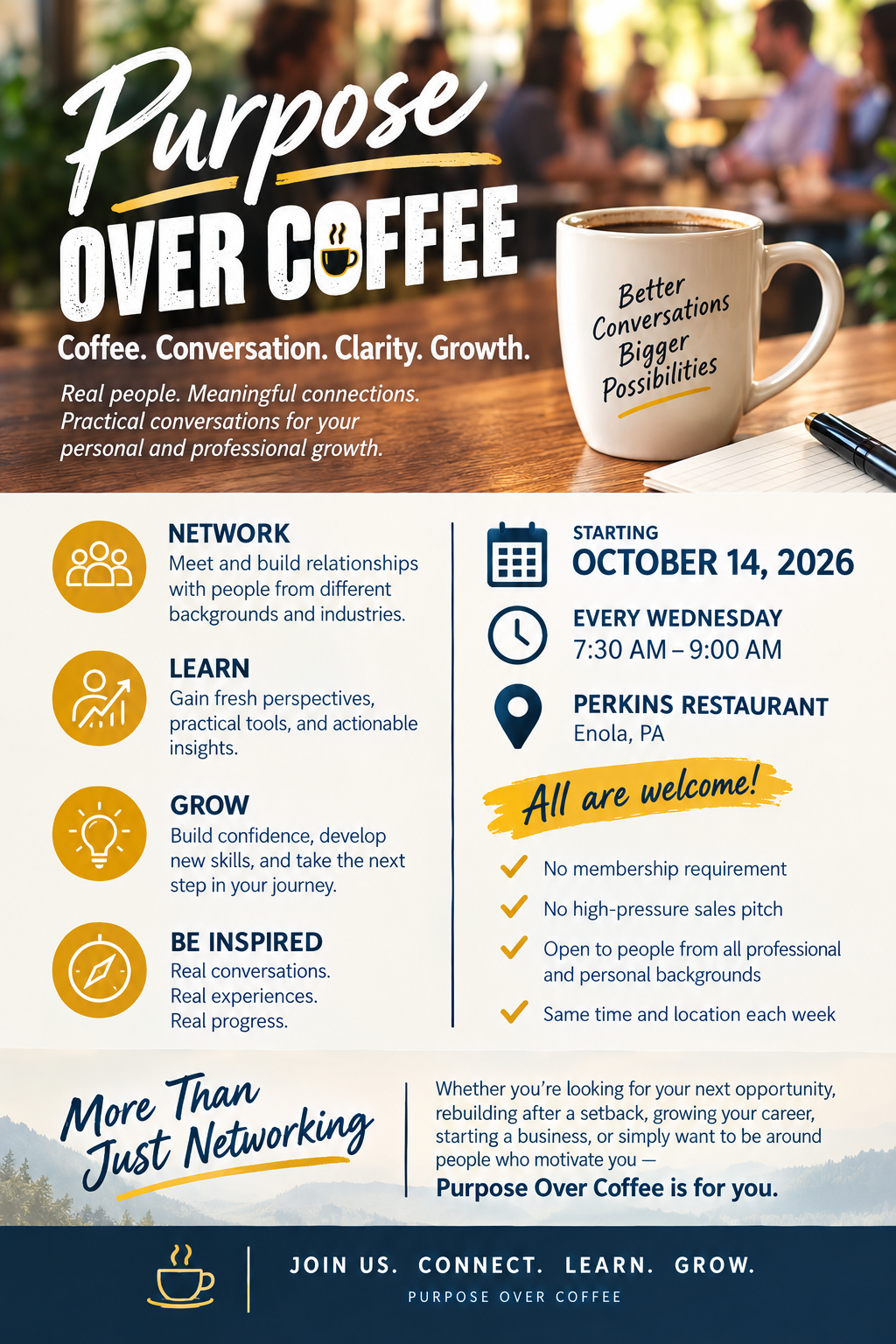Flyer for Purpose Over Coffee event featuring a coffee mug with the words 'Better Conversations Bigger Possibilities' on a wooden table, with a group of blurred people in a café background.