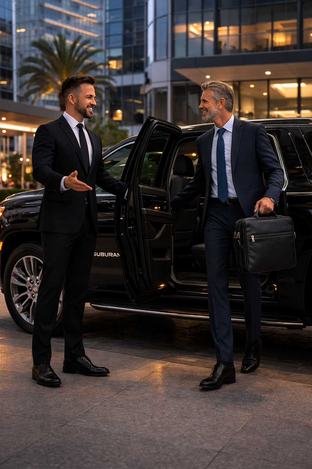 Professional chauffeur greeting client beside luxury SUV in San Diego