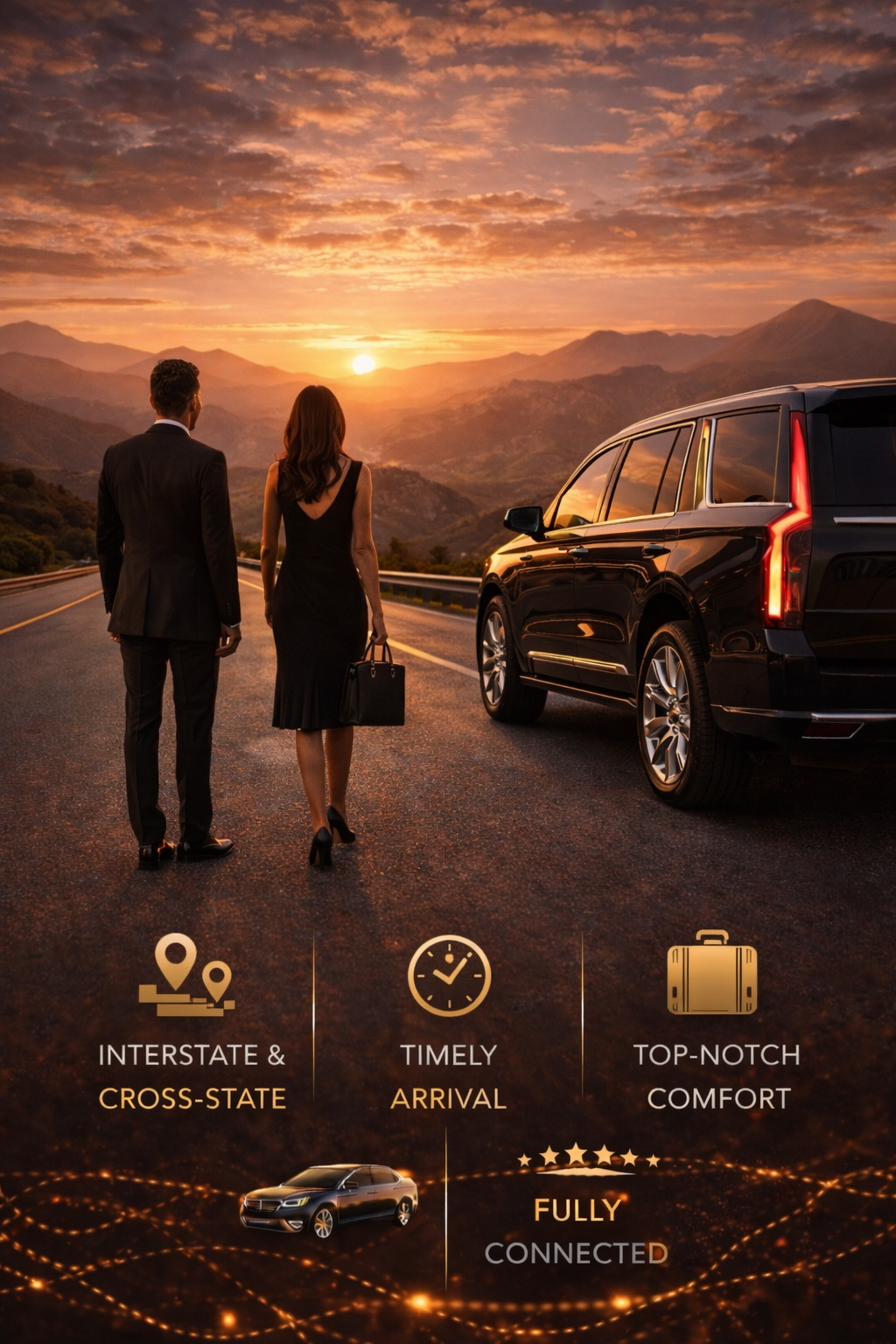 Couple walking toward luxury SUV chauffeur service at sunset in San Diego