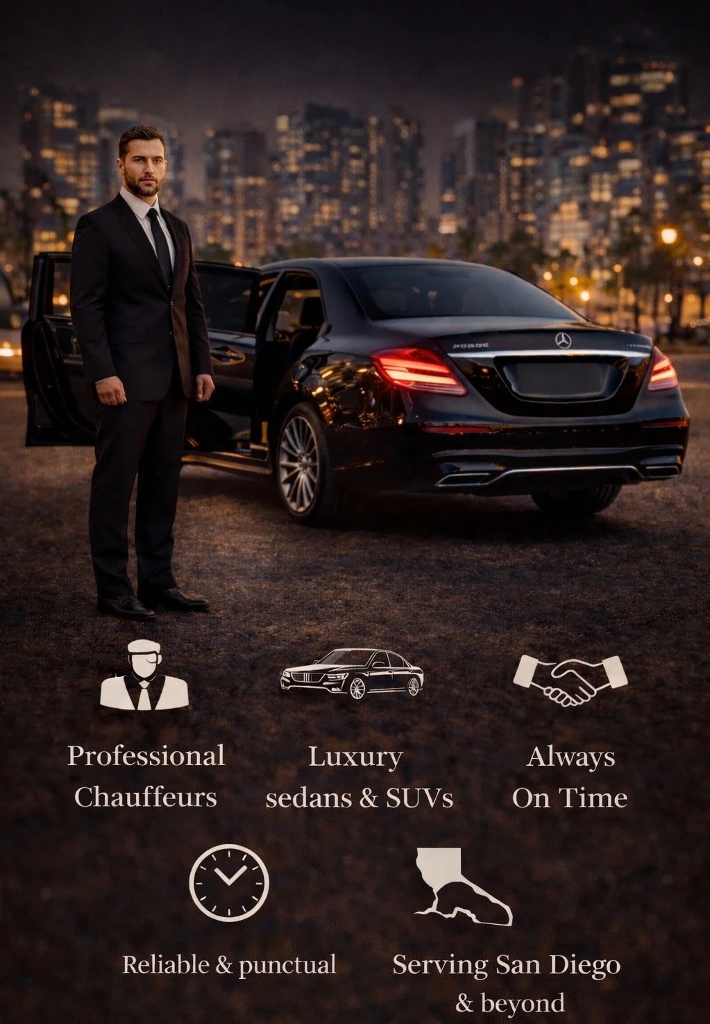 Professional chauffeur standing beside luxury sedan for San Diego car service