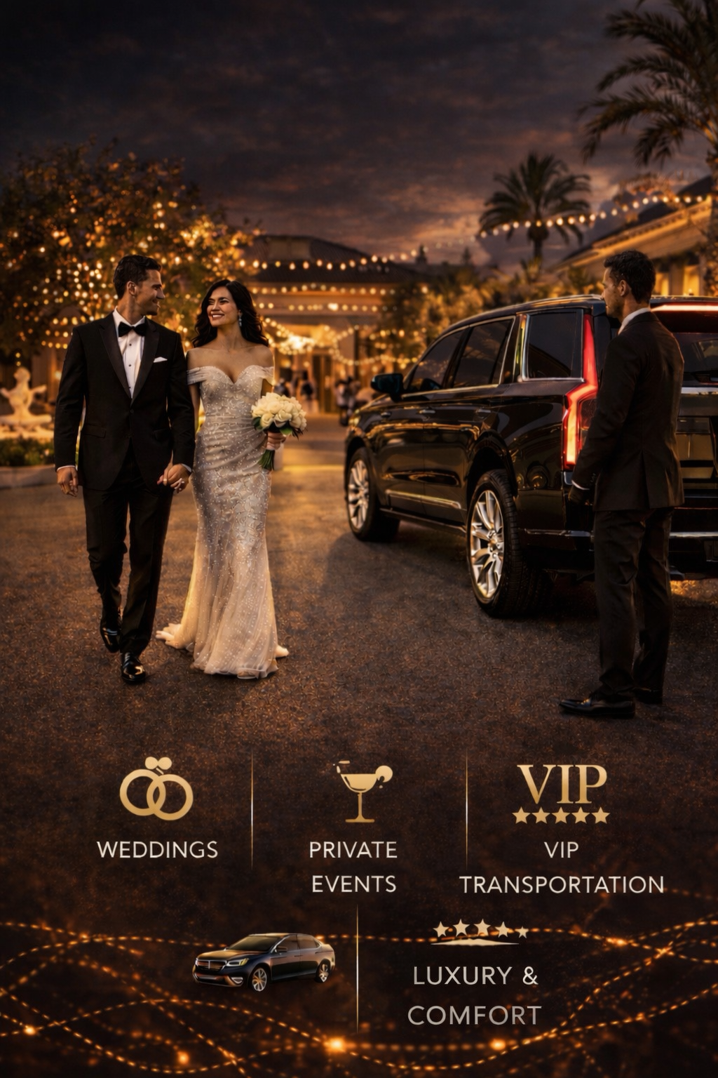Couple arriving with luxury chauffeur SUV service for special event in San Diego