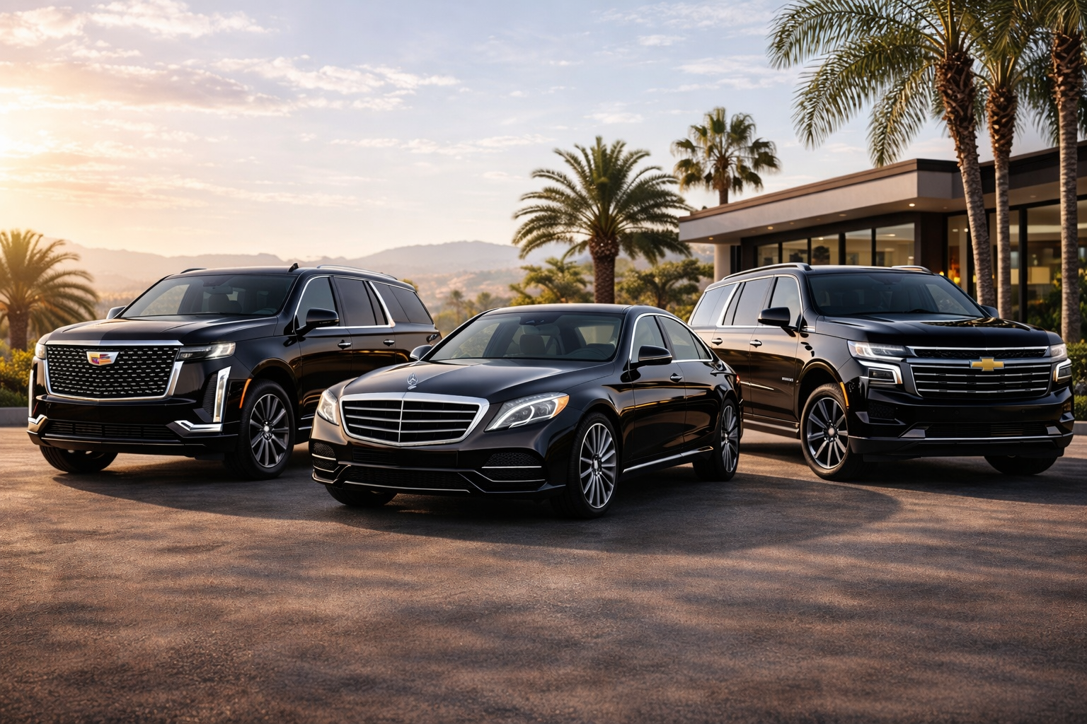 Luxury chauffeur fleet including Cadillac Escalade and Mercedes sedan in San Diego