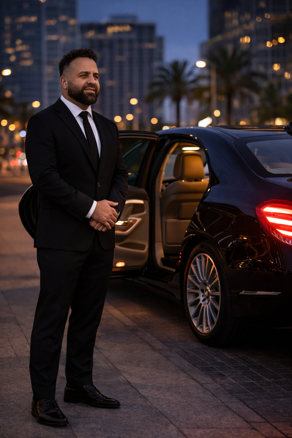 Professional chauffeur standing beside luxury SUV for private car service in San Diego