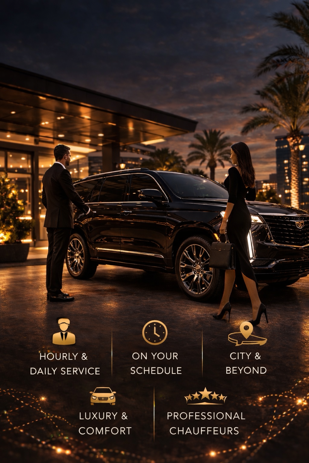 Luxury SUV chauffeur pickup service at night in San Diego