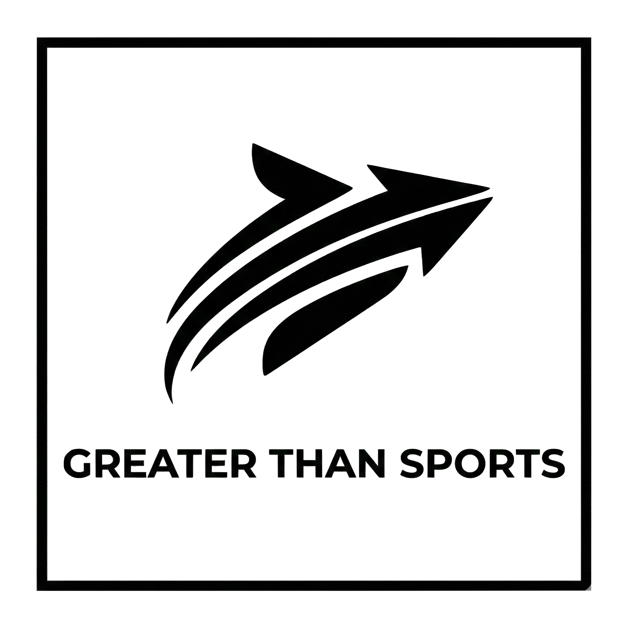 A logo featuring a stylized, three-feathered black design above the words 'GREATER THAN SPORTS' in bold black letters, set against a white background.