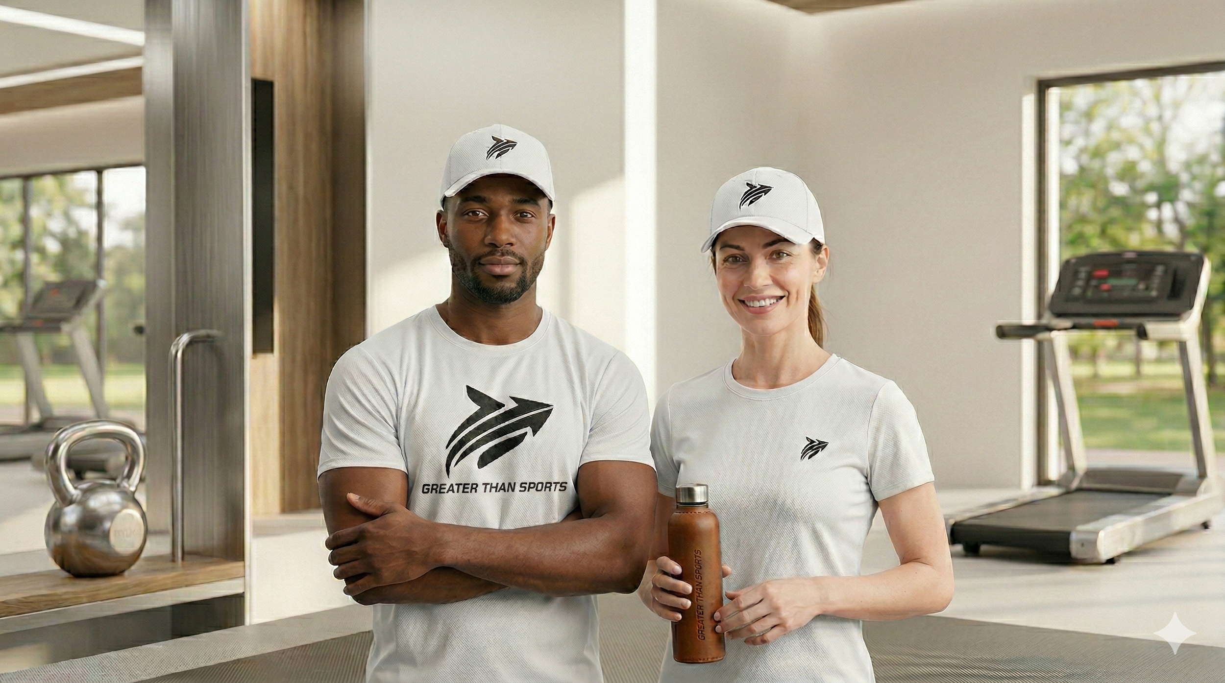Two fitness trainers, a man and a woman, standing in a gym wearing white caps and t-shirts with a black arrow logo and the words "GREATER THAN SPORTS." The woman is smiling and holding a water bottle. The gym has large windows, a treadmill, and a kettlebell in the background.