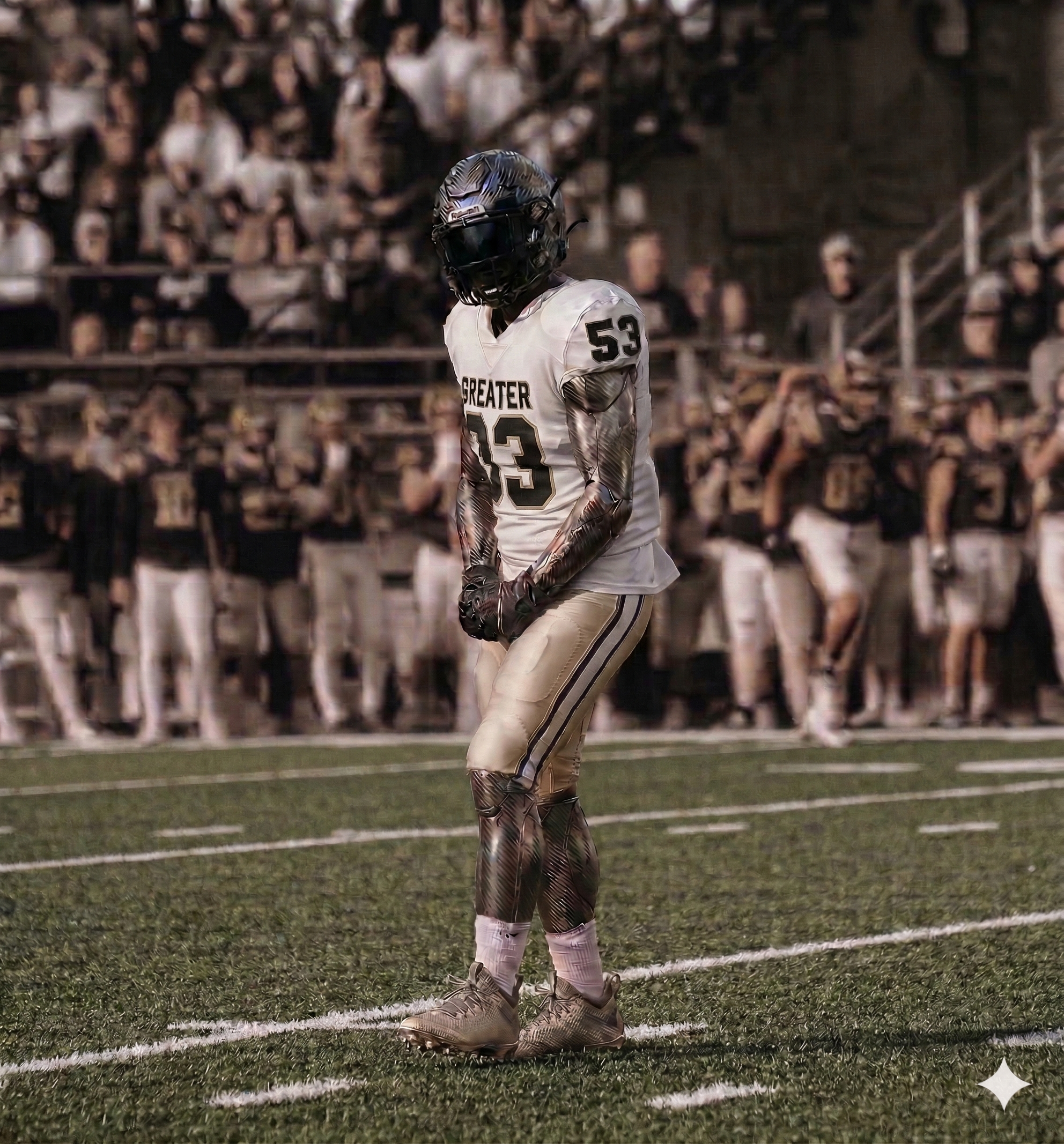 American football player in uniform standing on the field with a crowd in the background.