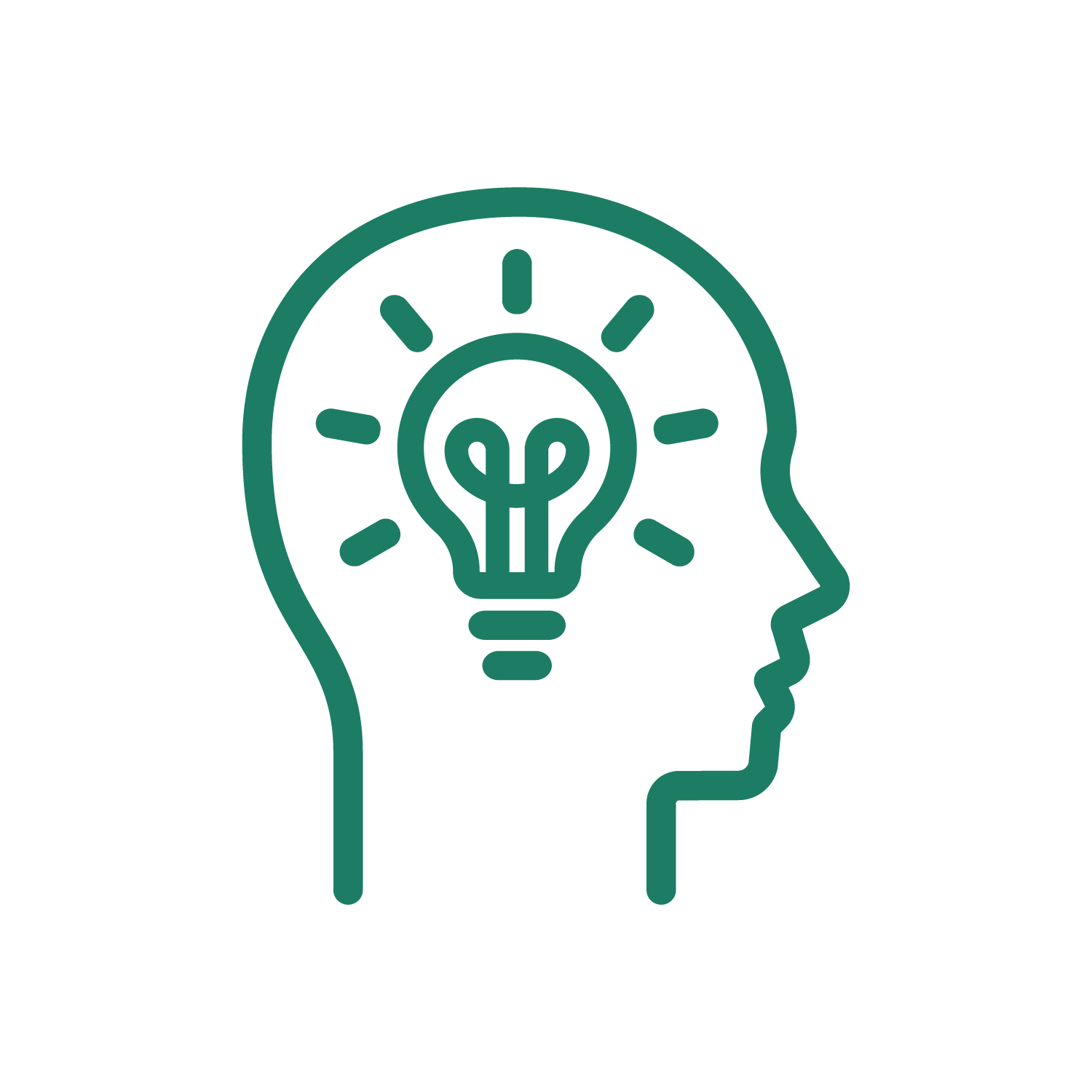 A minimalist outline of a human head in profile view with a light bulb inside the head, representing ideas or innovation.