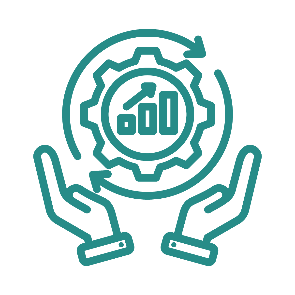 Outline of two hands holding a gear with a rising arrow, a bar graph, and the number 600 inside the gear, representing growth and support in technology or business.