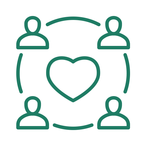 Four people connected around a heart icon, symbolizing love or relationship.