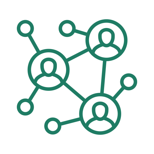 Digital illustration of a network with interconnected user icons symbolizing social network or communication links.